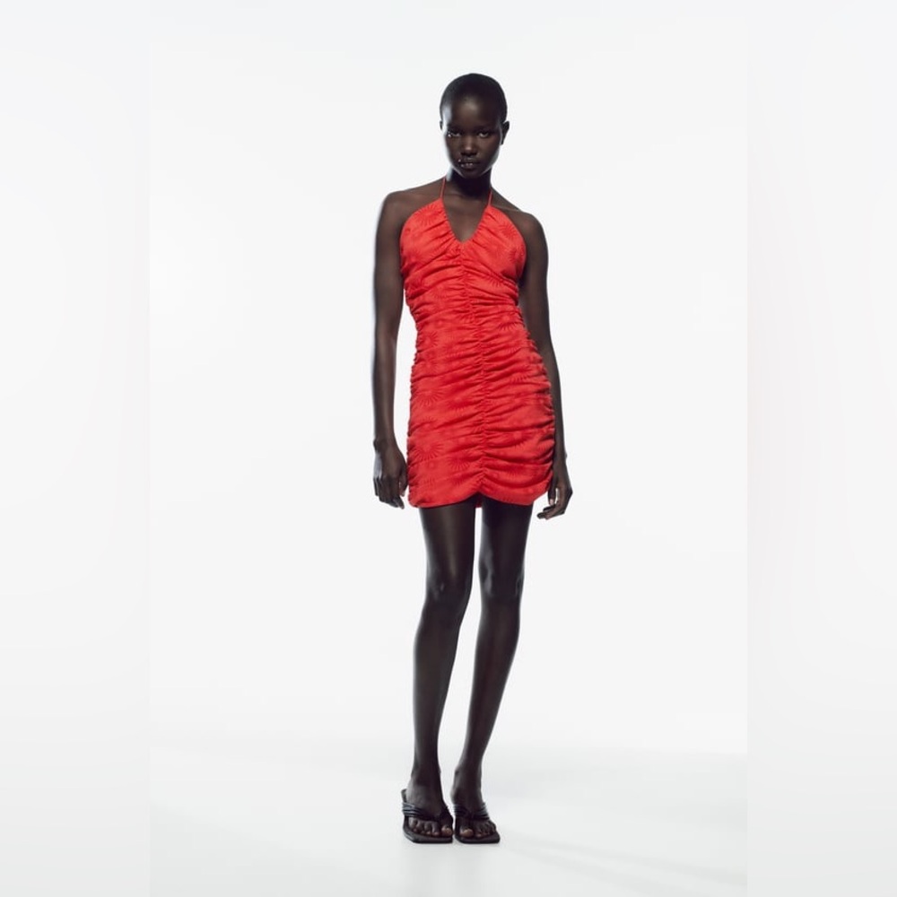 NWT Zara Red Jacquard Draped Halter Dress Sz M